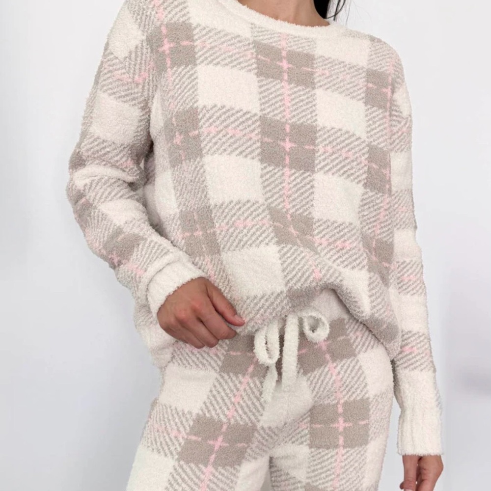 Splendid Cozy Plaid Women's Sweater PJ SET - Cream and Pink